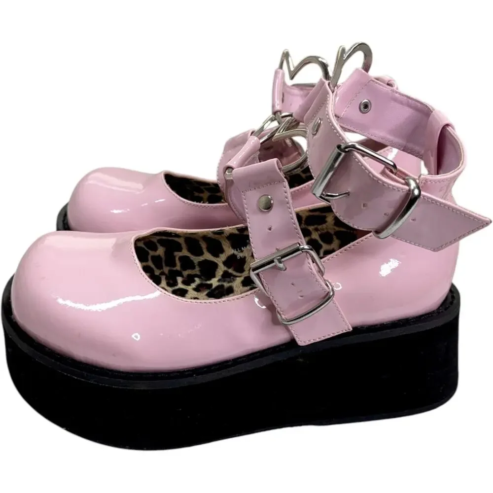 Demonia Sprite O2 Baby Pink Patent Platform Mary Jane 6 Heart Strap Lolita Goth - Picture 5 of 11